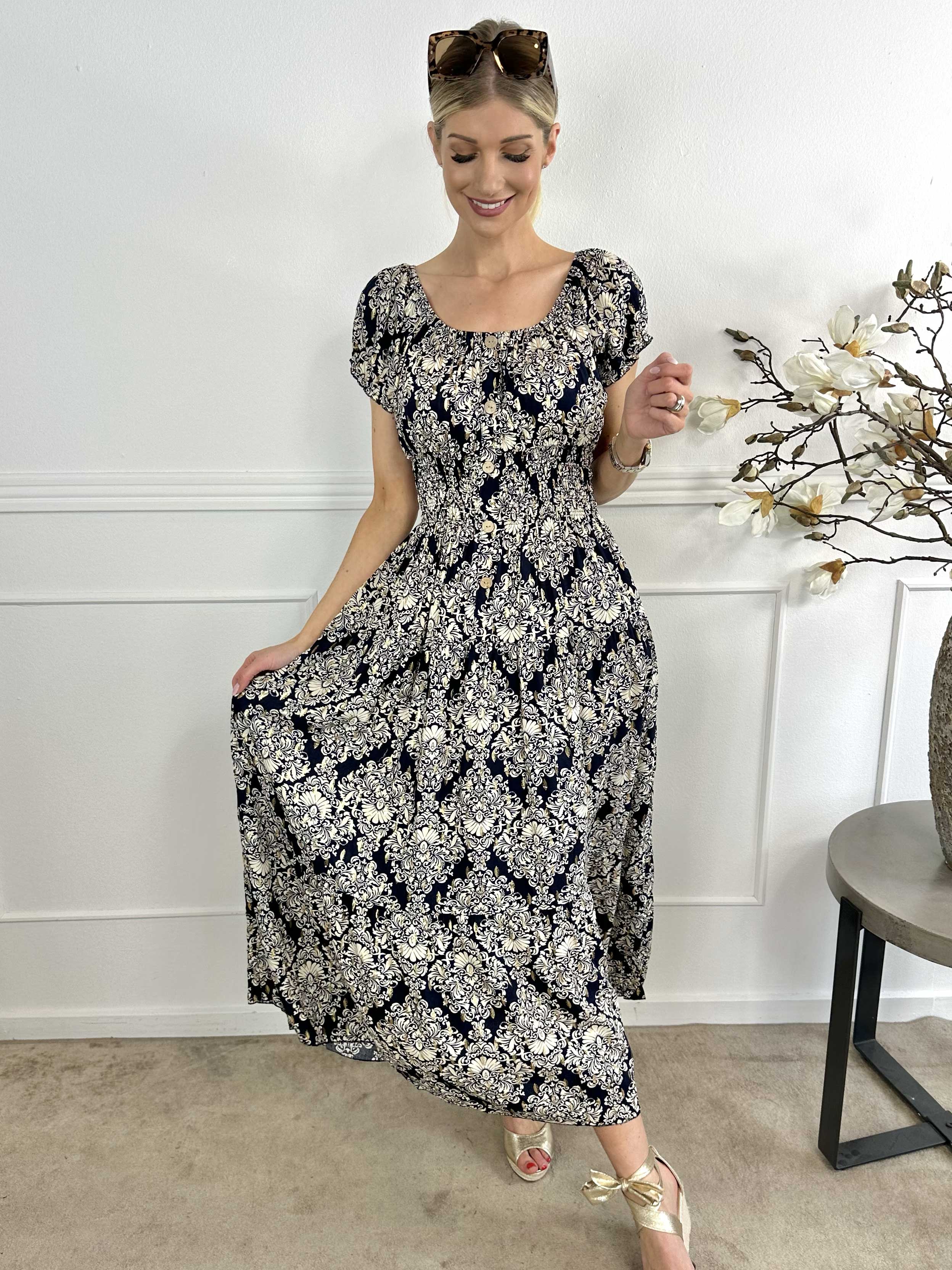 Elise - Lang mønstret kjole med elastik i udskæringen